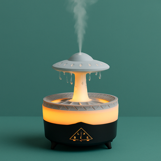 UFO-shaped night light humidifier glowing softly and emitting mist on a bedside table