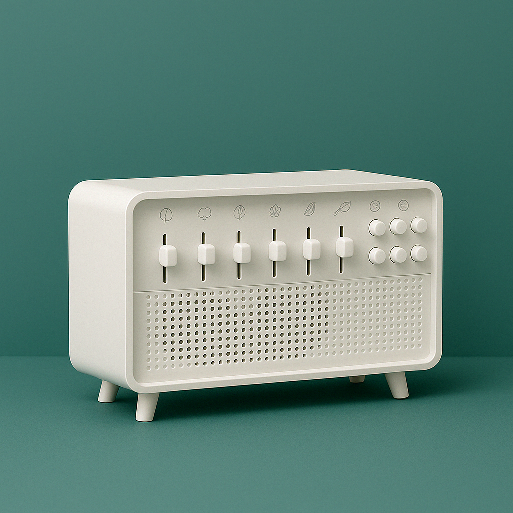 4-in-1 white noise humidifier with Bluetooth speaker and ambient light on nightstand