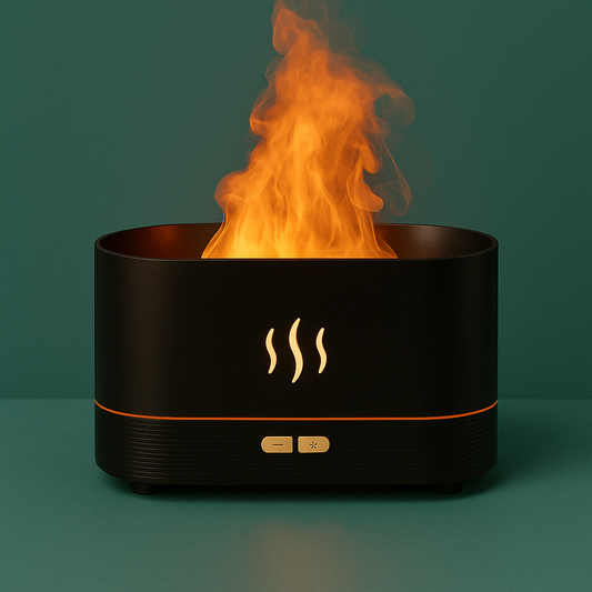 LED flame diffuser releasing mist with a warm, flickering light on a wooden surface