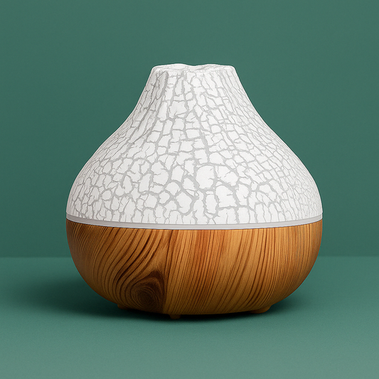 Volcano diffuser with glowing lava-like light and mist on a tabletop