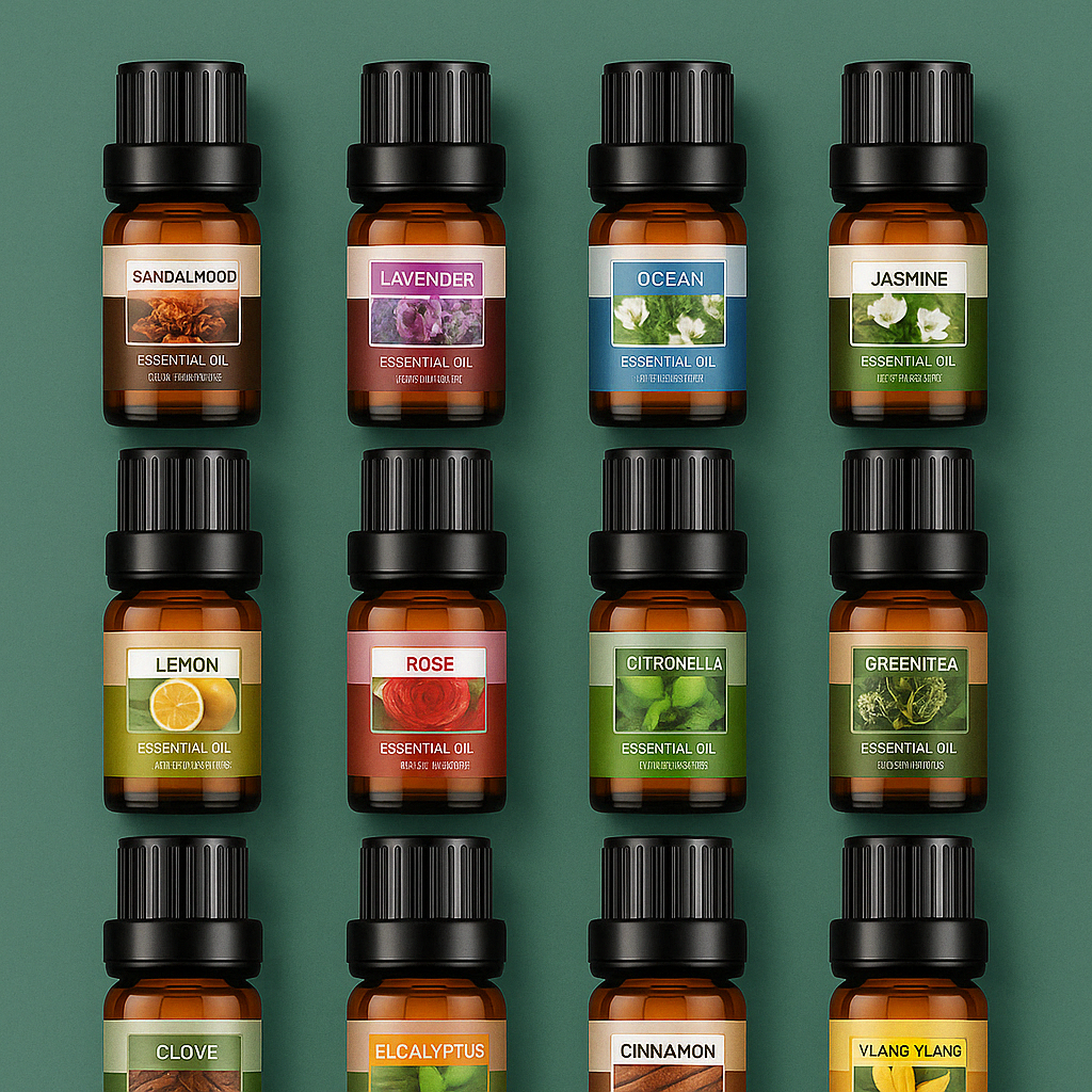 Set of flower and fruit essential oils in 10ml bottles arranged next to diffuser