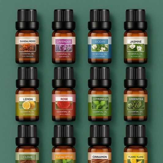 Set of flower and fruit essential oils in 10ml bottles arranged next to diffuser
