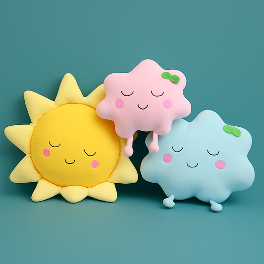 Plush flower and heart-shaped pillows arranged on a pastel bed setup