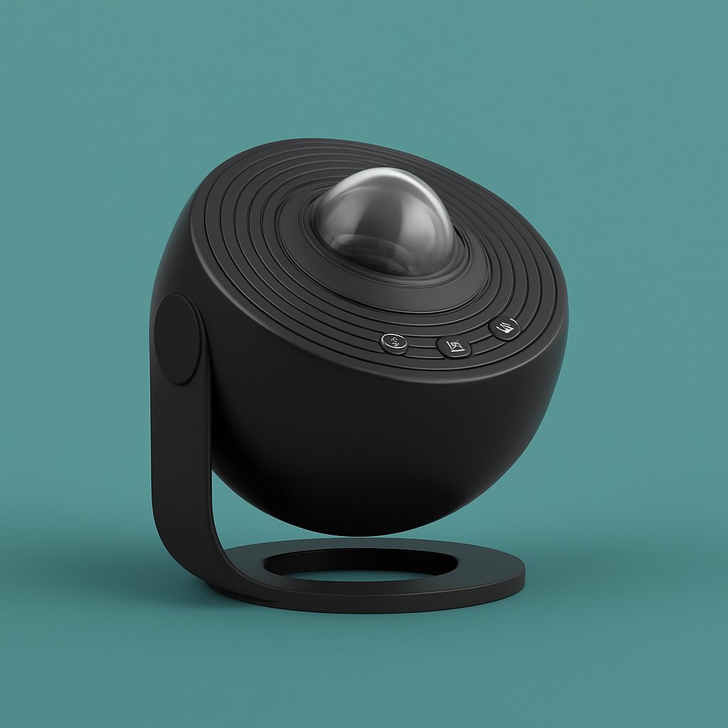 360° rotating galaxy projector casting stars and colors onto ceiling and walls in a dark room