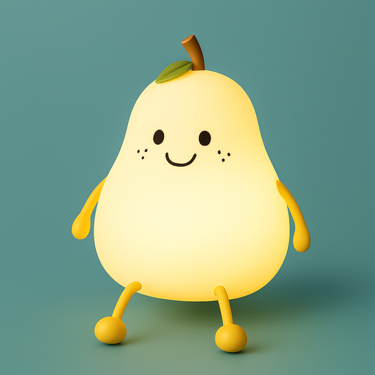 Pear-shaped silicone night light glowing softly on a bedside table in a child’s room