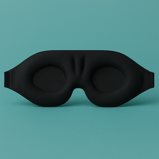 3D contoured sleep mask resting on a pillow, showing raised eye cups and soft material