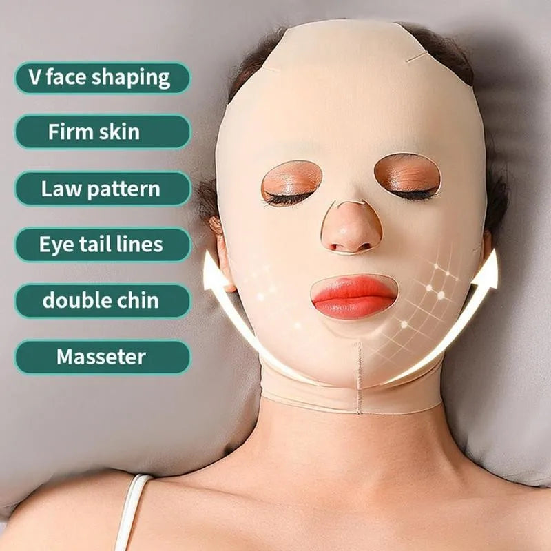 Model wearing a 3D V-line slimming mask that wraps around chin and jaw, in a soft lighting setup