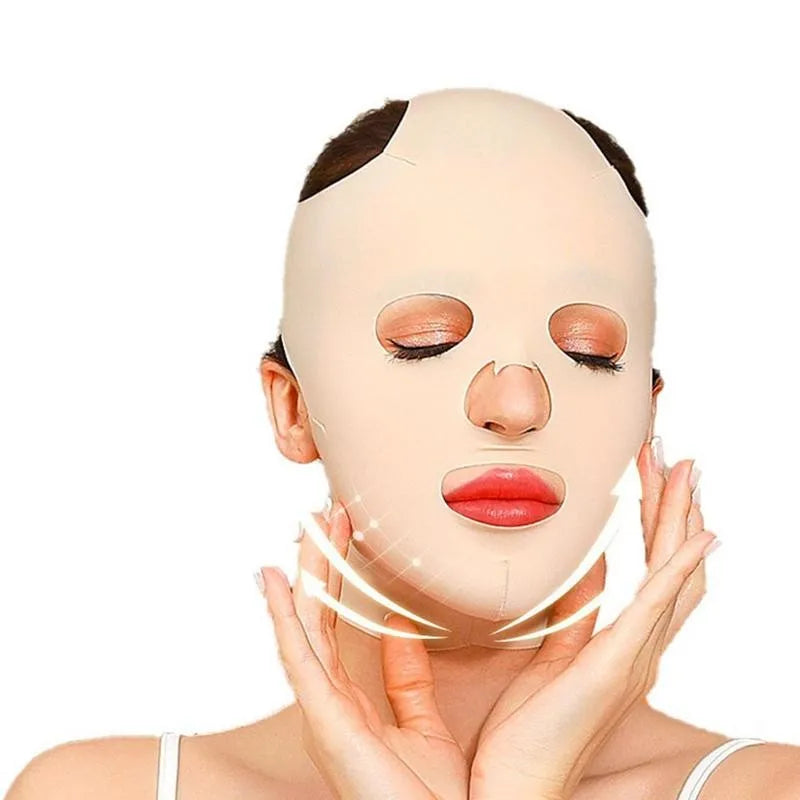Model wearing a 3D V-line slimming mask that wraps around chin and jaw, in a soft lighting setup