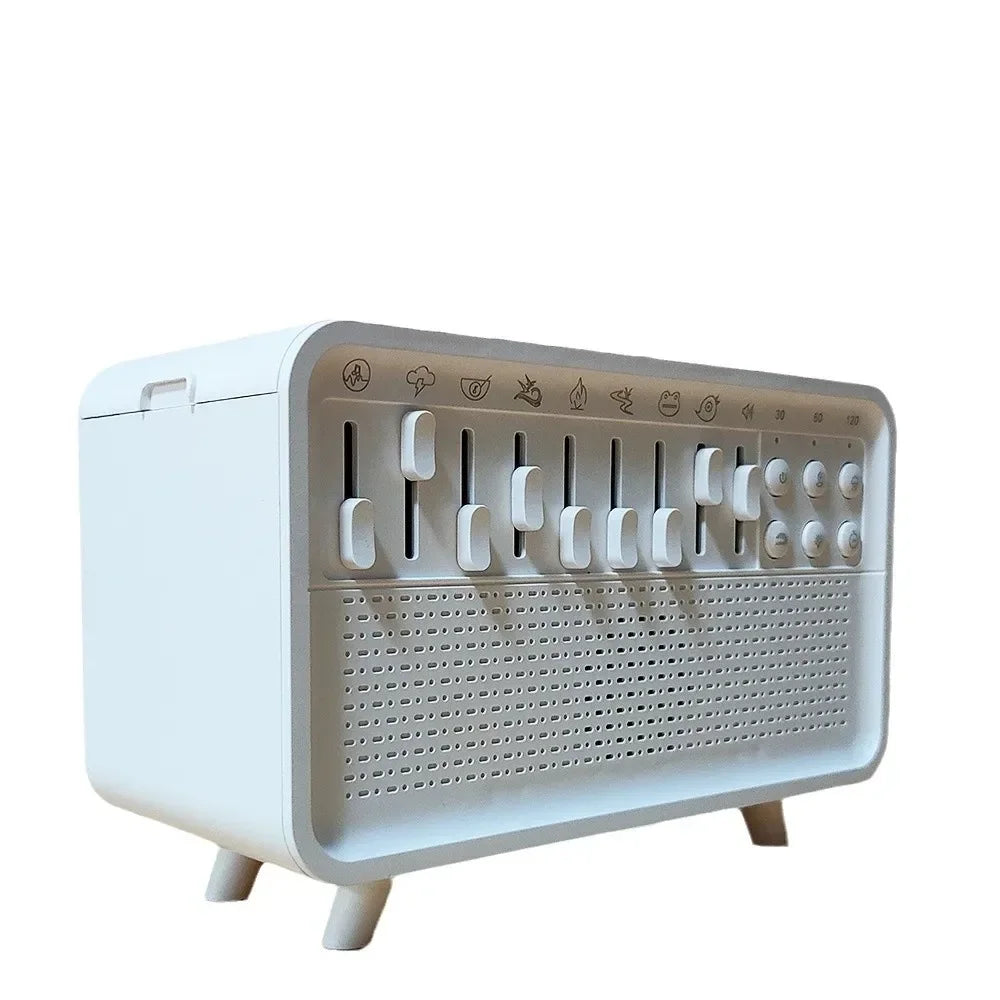 4-in-1 white noise humidifier with Bluetooth speaker and ambient light on nightstand
