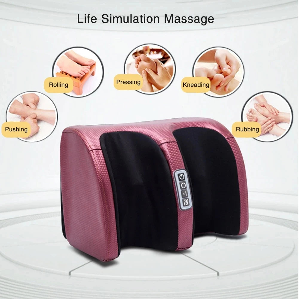 Electric Shiatsu foot massager with heat in use under a desk, showing feet inserted and lights on