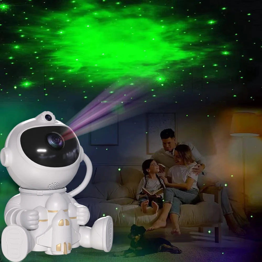Astronaut-shaped projector casting colorful galaxy lights onto ceiling in dark bedroom