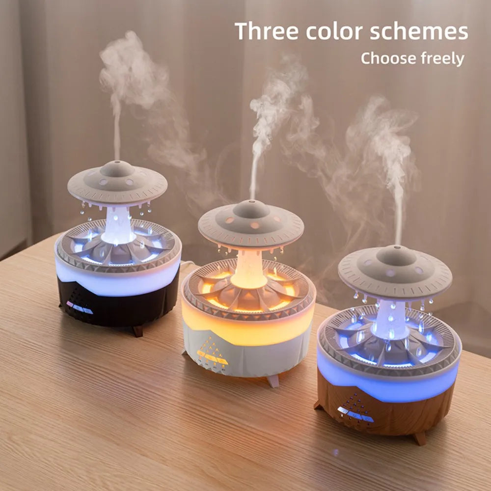 UFO-shaped night light humidifier glowing softly and emitting mist on a bedside table