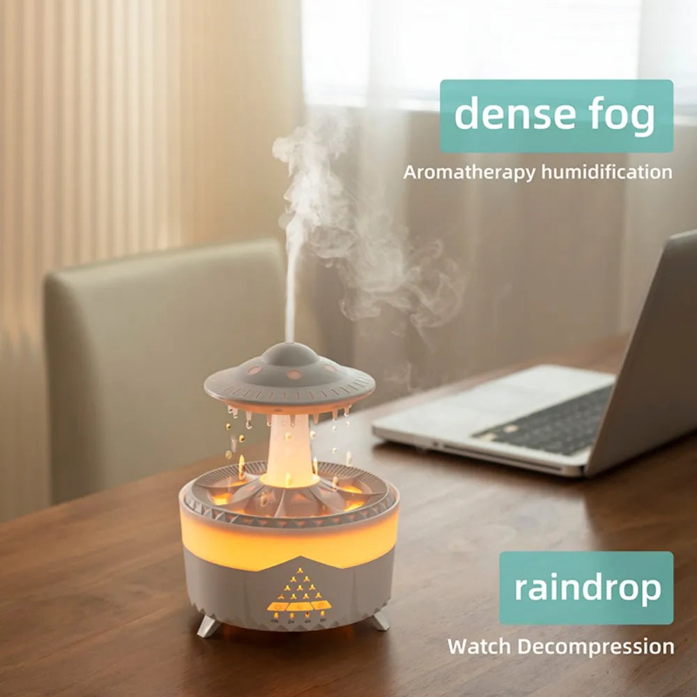 UFO-shaped night light humidifier glowing softly and emitting mist on a bedside table