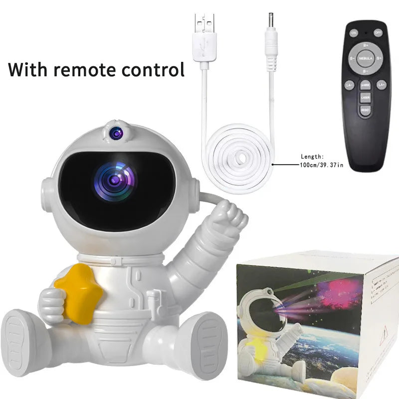 Astronaut-shaped projector casting colorful galaxy lights onto ceiling in dark bedroom