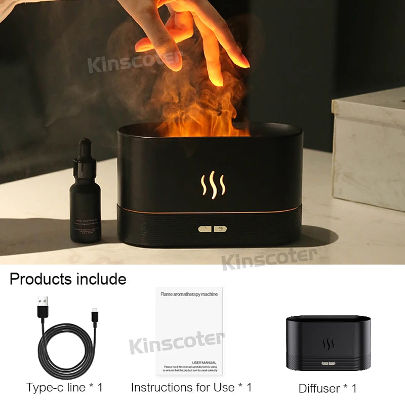 LED flame diffuser releasing mist with a warm, flickering light on a wooden surface