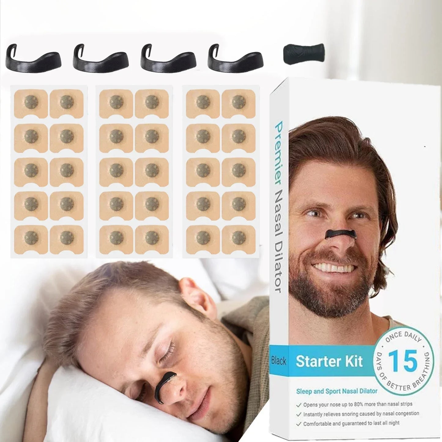Set of magnetic nasal dilators in storage case, arranged neatly on a white background