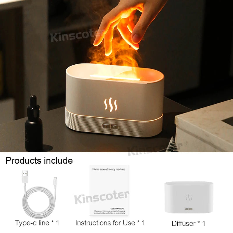 LED flame diffuser releasing mist with a warm, flickering light on a wooden surface