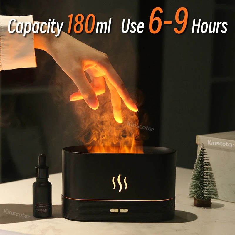 LED flame diffuser releasing mist with a warm, flickering light on a wooden surface