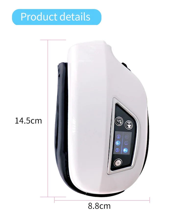 Smart eye massager with built-in controls resting on a table, showing soft lining and adjustable strap