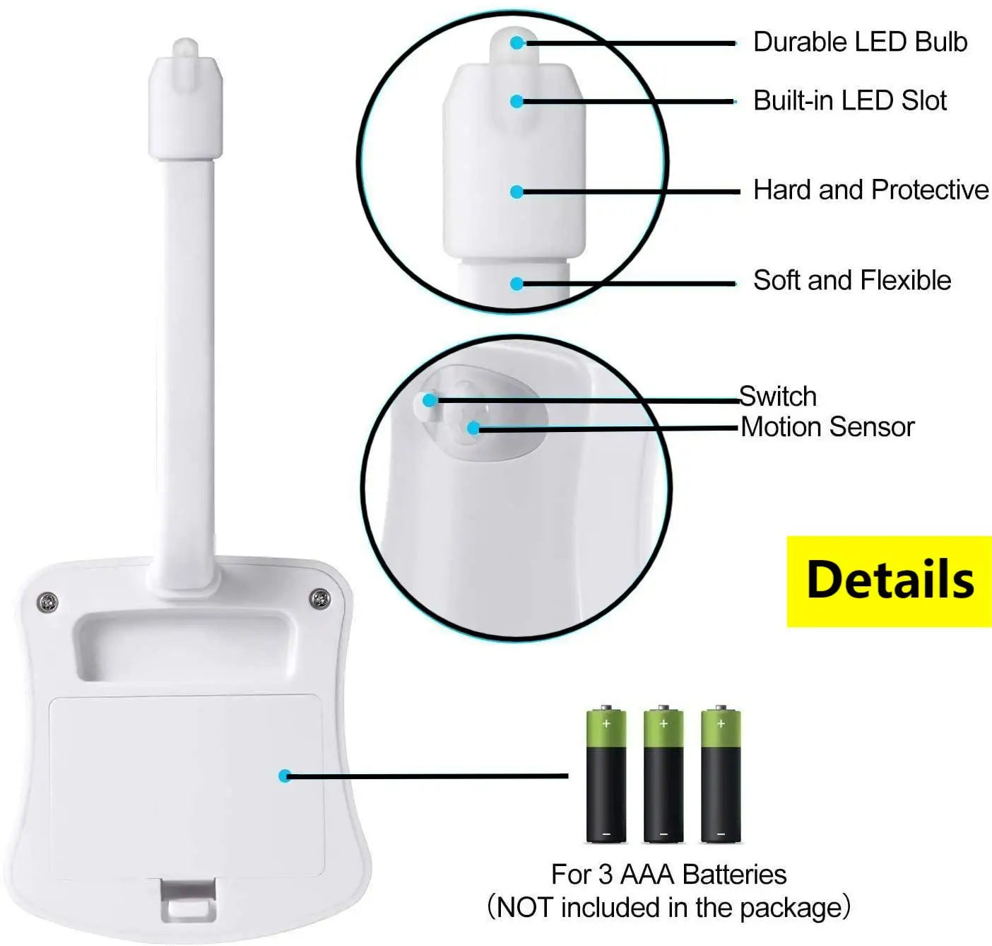 LED toilet night light glowing in soft colors attached to toilet bowl in a dark bathroom