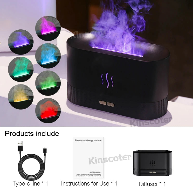 LED flame diffuser releasing mist with a warm, flickering light on a wooden surface