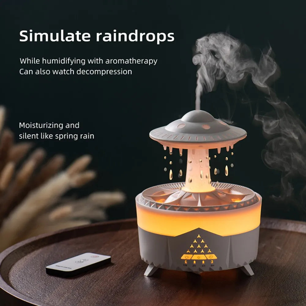 UFO-shaped night light humidifier glowing softly and emitting mist on a bedside table
