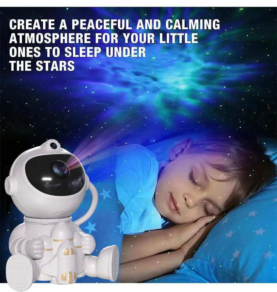 Astronaut-shaped projector casting colorful galaxy lights onto ceiling in dark bedroom