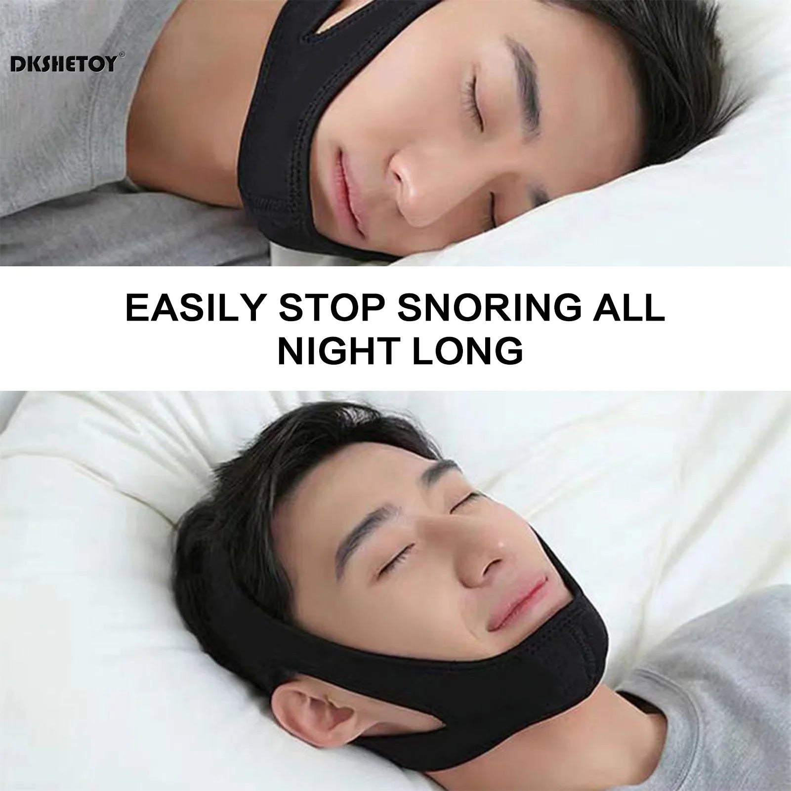 Person wearing anti-snoring chin strap while lying in bed, shown from the side