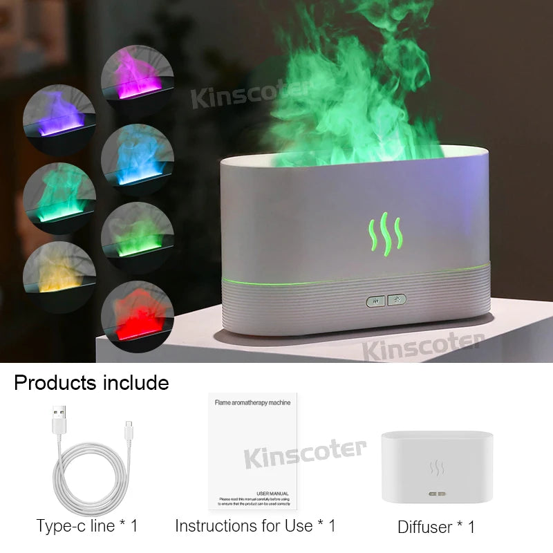 LED flame diffuser releasing mist with a warm, flickering light on a wooden surface