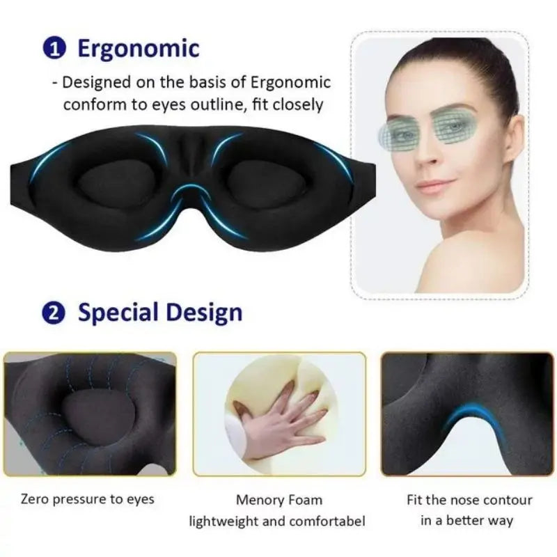 3D contoured sleep mask resting on a pillow, showing raised eye cups and soft material