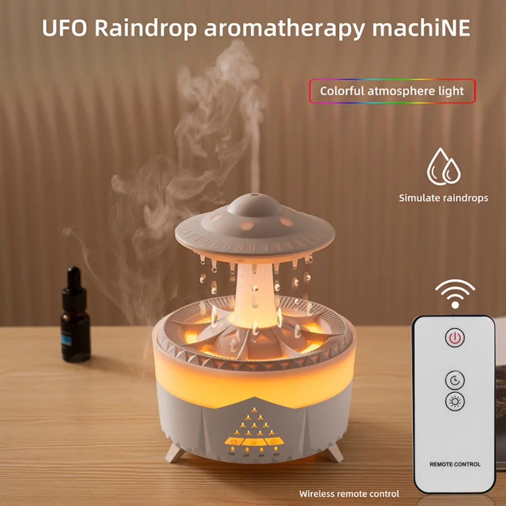UFO-shaped night light humidifier glowing softly and emitting mist on a bedside table
