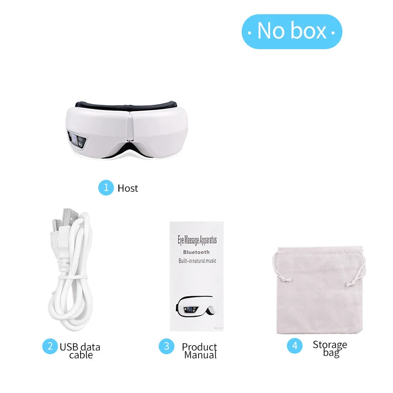 Smart eye massager with built-in controls resting on a table, showing soft lining and adjustable strap