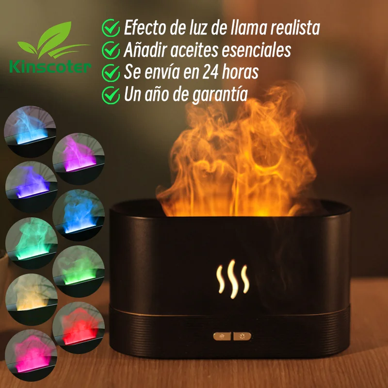 LED flame diffuser releasing mist with a warm, flickering light on a wooden surface