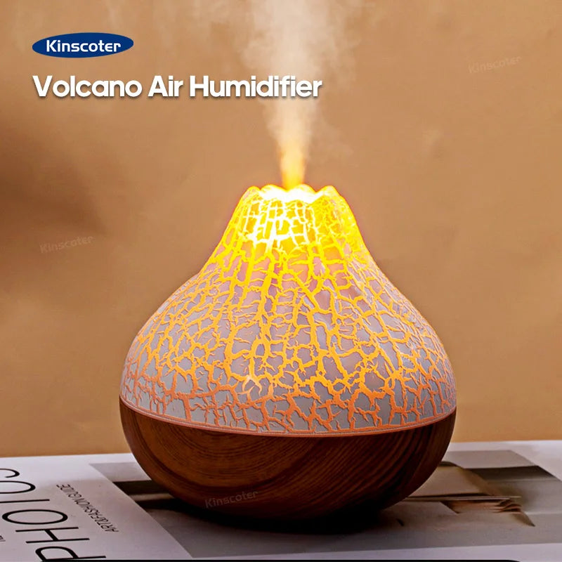Volcano diffuser with glowing lava-like light and mist on a tabletop