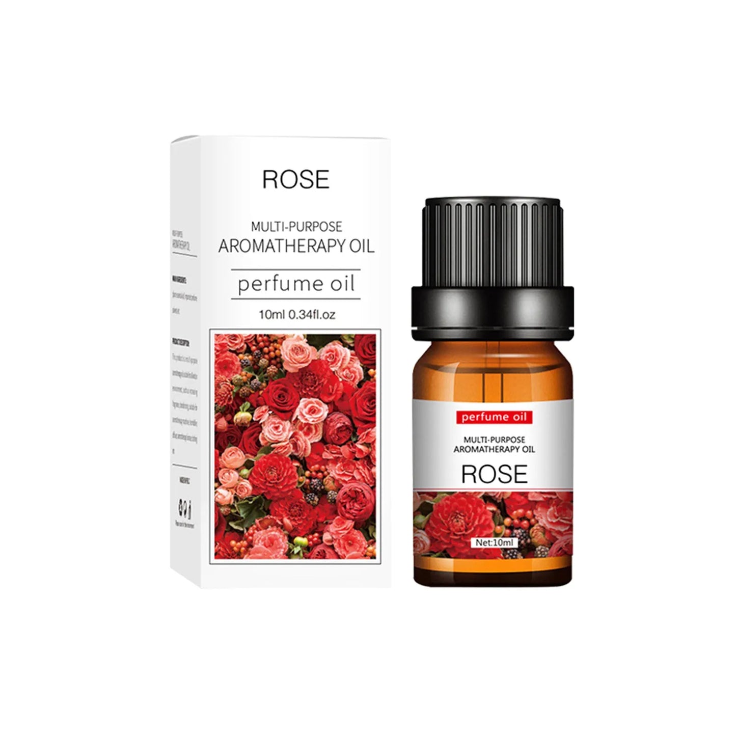 Set of flower and fruit essential oils in 10ml bottles arranged next to diffuser