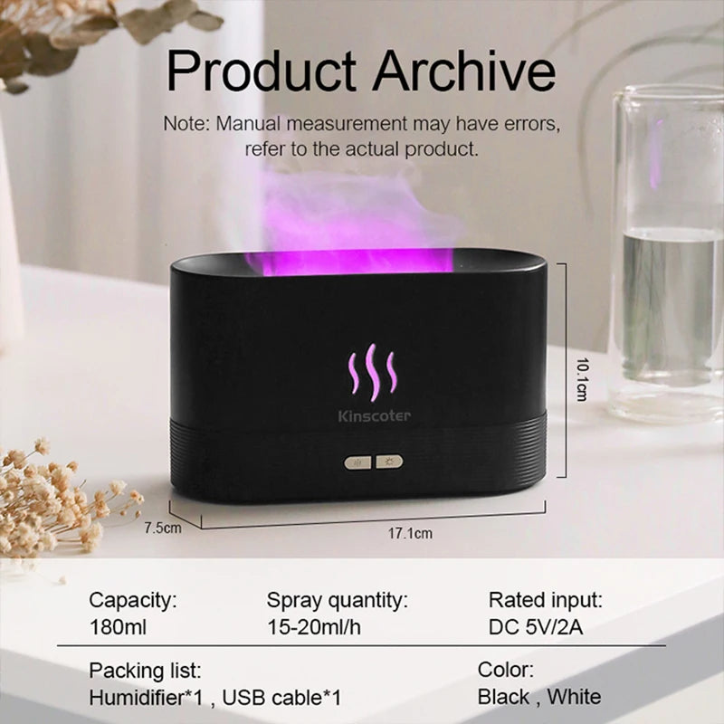 LED flame diffuser releasing mist with a warm, flickering light on a wooden surface