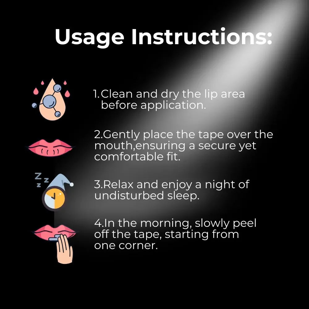 Anti-snoring mouth tape strips laid out with packaging, shown on a nightstand