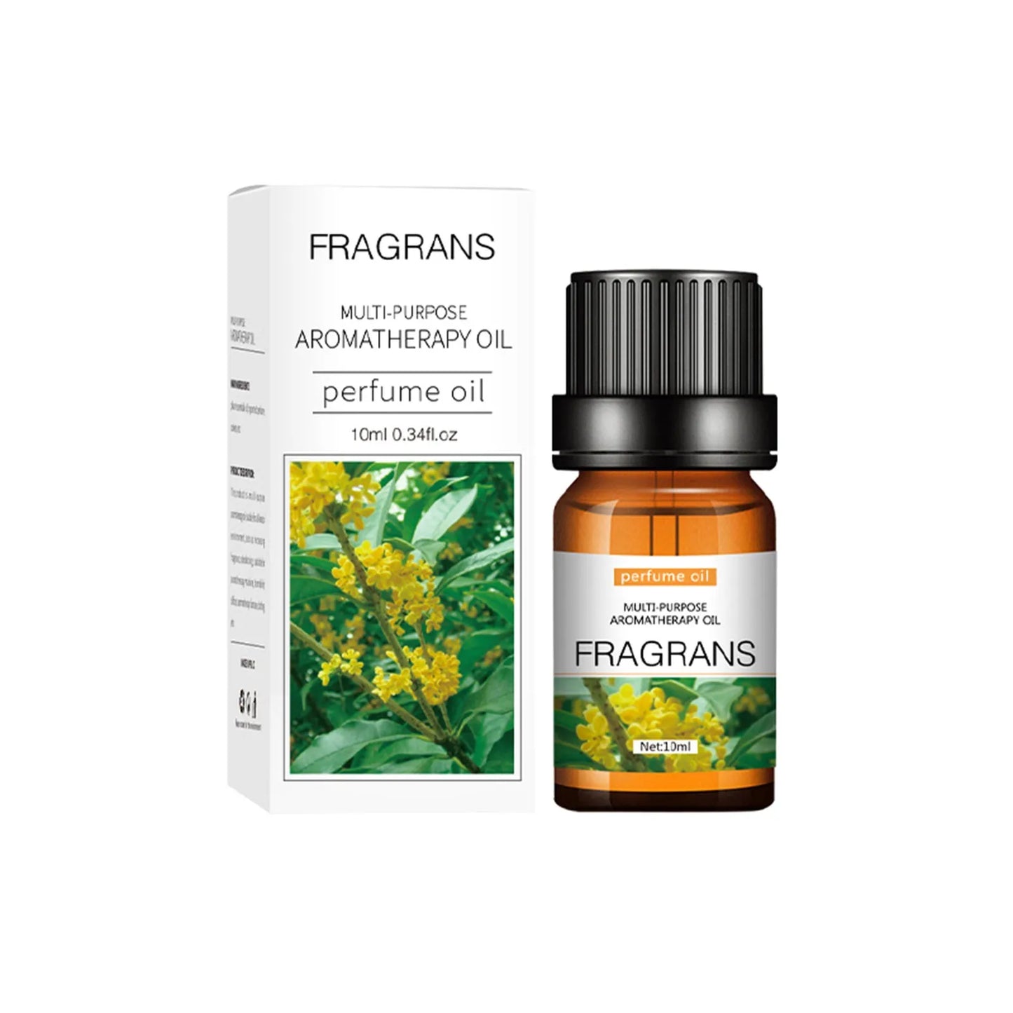 Set of flower and fruit essential oils in 10ml bottles arranged next to diffuser
