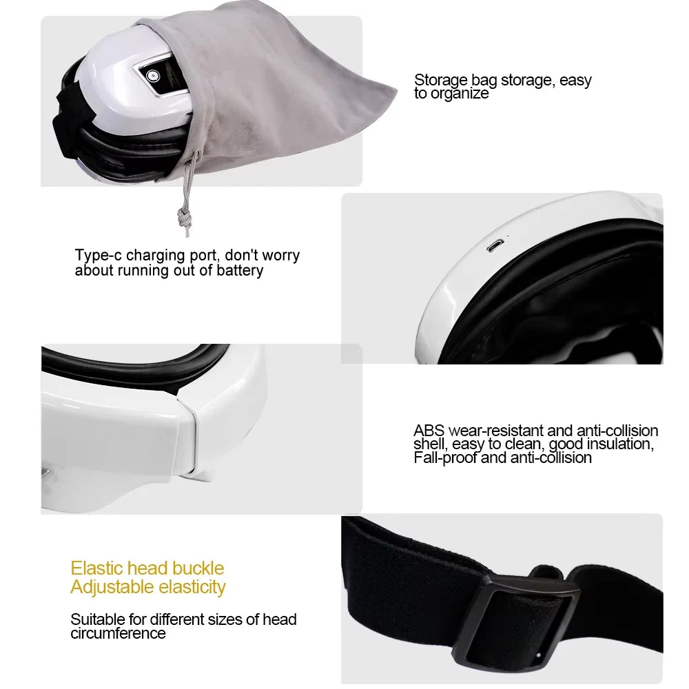 Smart eye massager with built-in controls resting on a table, showing soft lining and adjustable strap