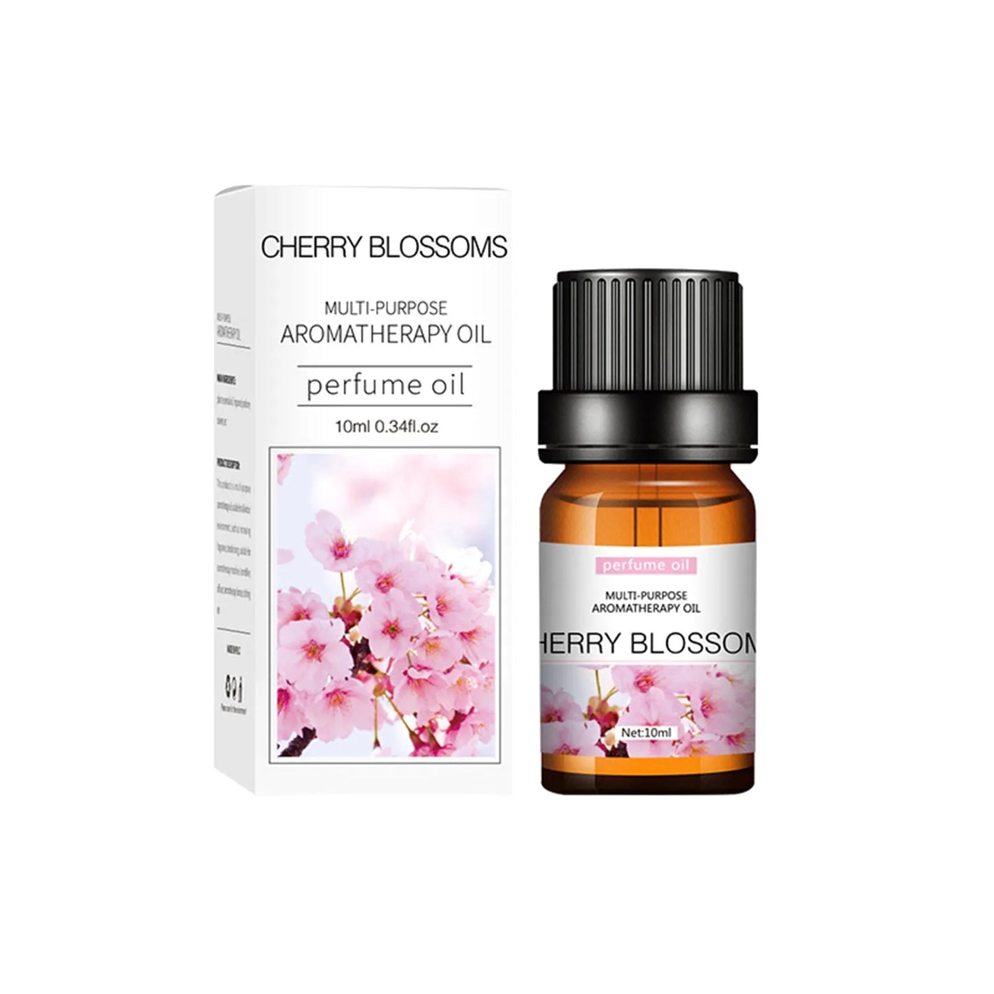 Set of flower and fruit essential oils in 10ml bottles arranged next to diffuser