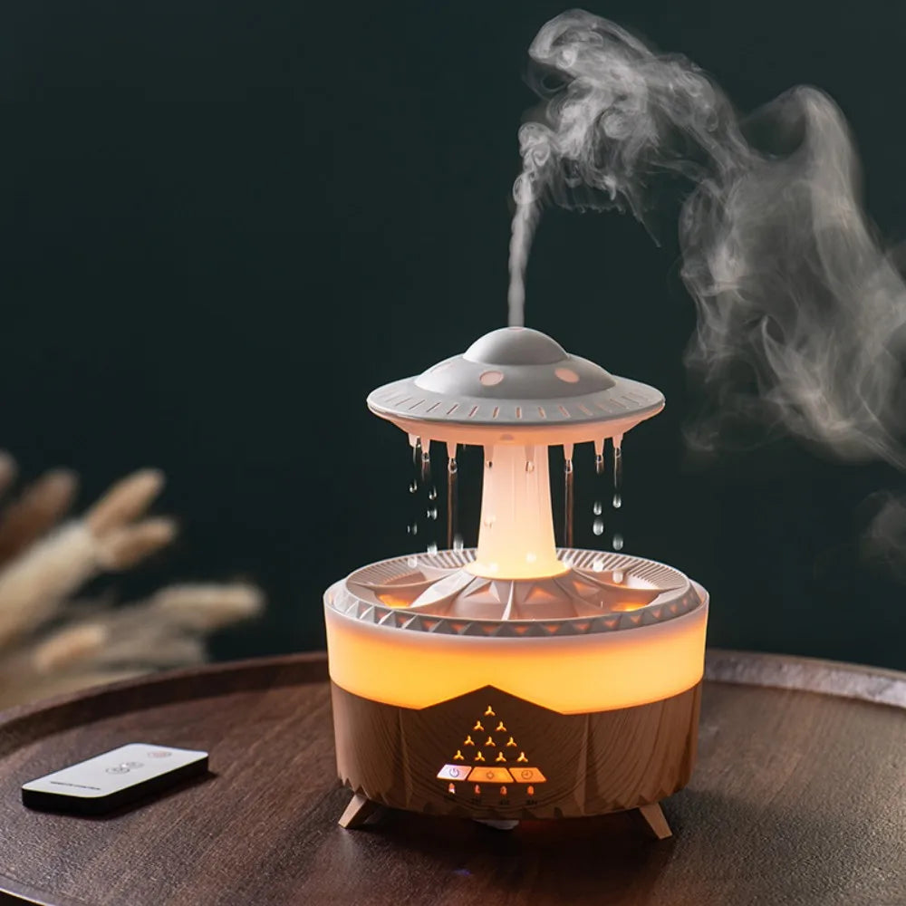 UFO-shaped night light humidifier glowing softly and emitting mist on a bedside table