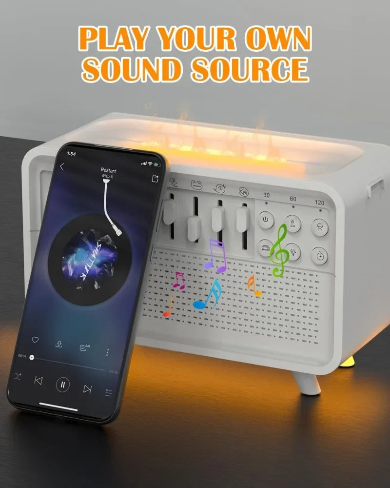 4-in-1 white noise humidifier with Bluetooth speaker and ambient light on nightstand