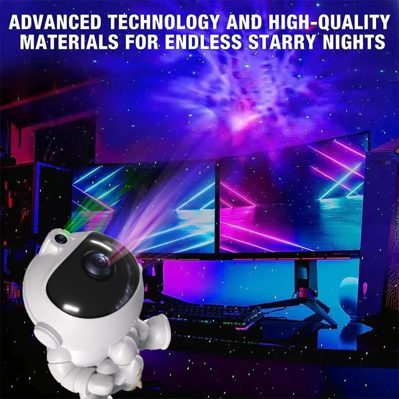 Astronaut-shaped projector casting colorful galaxy lights onto ceiling in dark bedroom