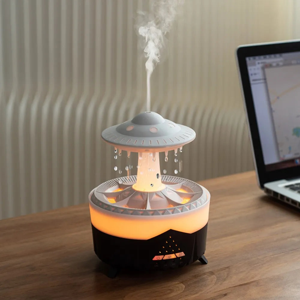 UFO-shaped night light humidifier glowing softly and emitting mist on a bedside table