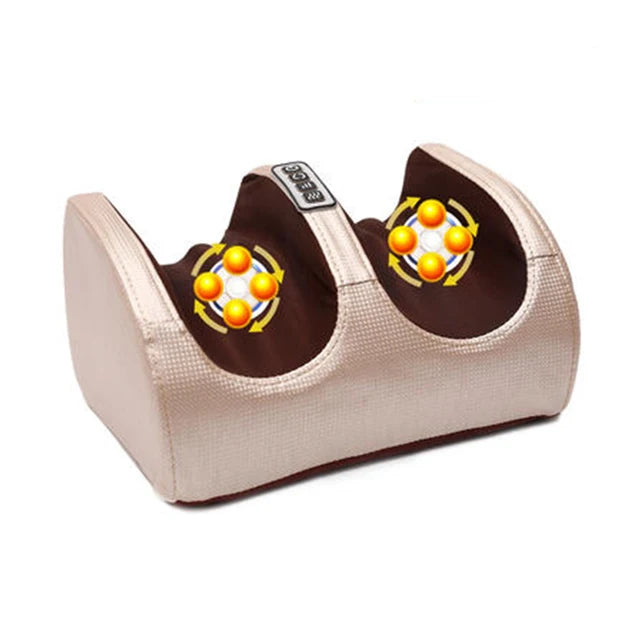 Electric Shiatsu foot massager with heat in use under a desk, showing feet inserted and lights on