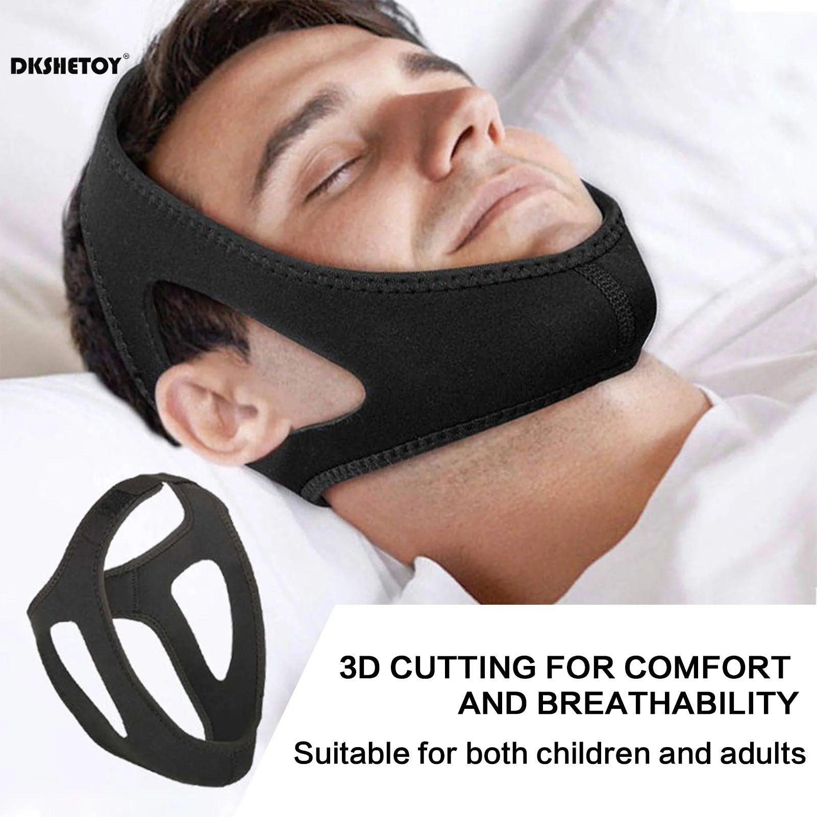 Person wearing anti-snoring chin strap while lying in bed, shown from the side