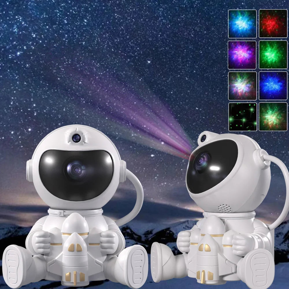 Astronaut-shaped projector casting colorful galaxy lights onto ceiling in dark bedroom