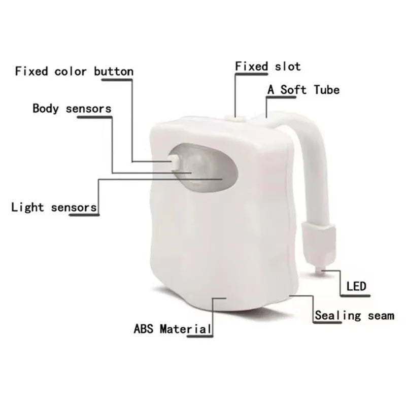 LED toilet night light glowing in soft colors attached to toilet bowl in a dark bathroom