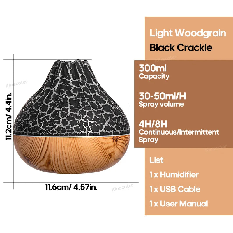 Volcano diffuser with glowing lava-like light and mist on a tabletop