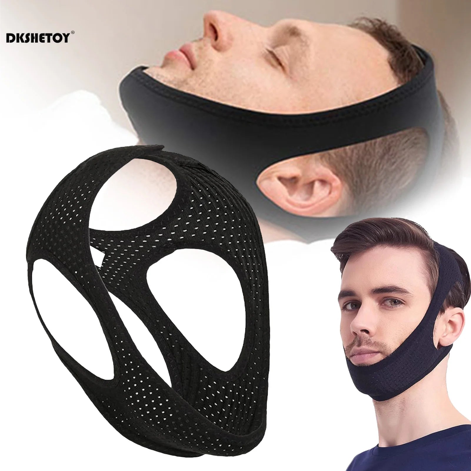Person wearing anti-snoring chin strap while lying in bed, shown from the side